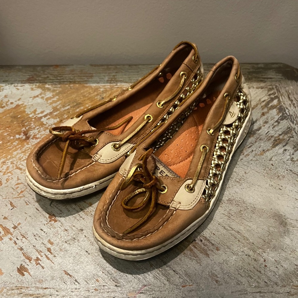 Sperry Top-Sider‎ Angelfish Boat Shoes Tan Gold Woven Metallic 9432212 Womens 8M